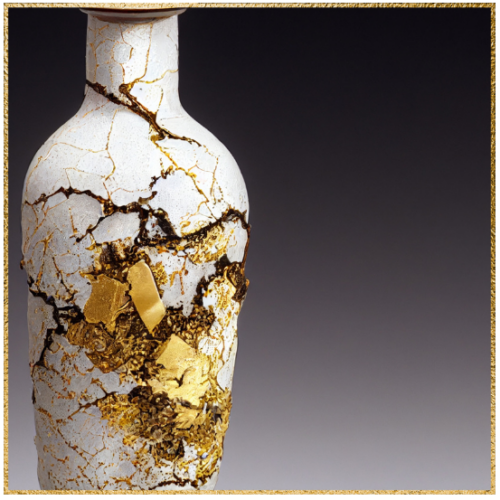 An illustration of Kintsugi, the centuries-old tradition of mending broken ceramics with gold.